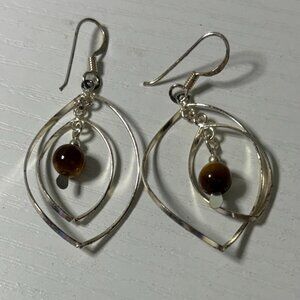 Artisan Tiger’s Eye & Pearl Drop Earrings Sterling Silver